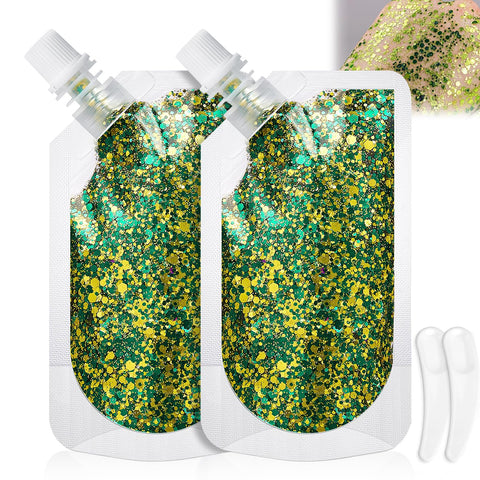 Green Body Glitter Gel,St.Patrick's Day Accessories Face Glitter Makeup Sparkly,Mermaid Sequins Holographic Chunky Glitter Gel Makeup Festival Party Rave Accessories Makeup(2PCS)