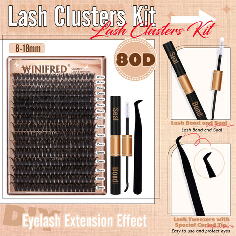 Lash Extension Kit 320Pcs Eyelash Clusters Kit Thick Lash Clusters 80D Individual Lashes Volume Lash Kit 8-18mm DIY Cluster Lashes with Lash Bond and Seal Lash Tweezers by Winifred