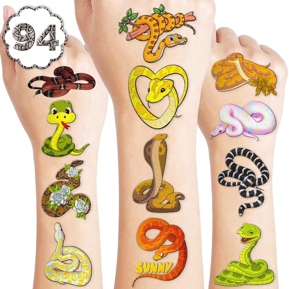 94PCS Cute Snake Temporary Tattoo Sticker Themed Reptile Animals Birthday Party Decorations Supplies Favors Decor Jungle Swamp Safari Tattoos Gifts For Kids Adults Boys Girls School Prizes Carnival