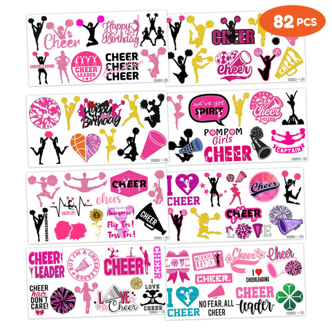 Cheerleading Temporary Tattoos 8 Sheets 82 PCS Cheer Party Decorations Supplies Favors Team Spirit Theme Birthday Cute Stickers Christmas Gifts for Boys Girls Class School Prizes Carnival