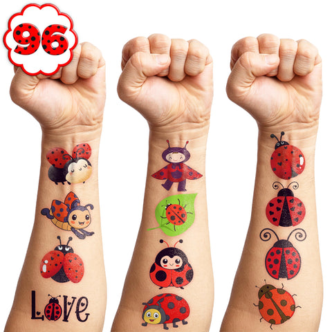 96 PCS Ladybug Temporary Tattoos Sticker Bug Birthday Party Decorations Supplies Favors Celebration Gifts Ideas for Girls Boys Baby Showers Prizes Cute Beetle Tattoo School Reward Themed