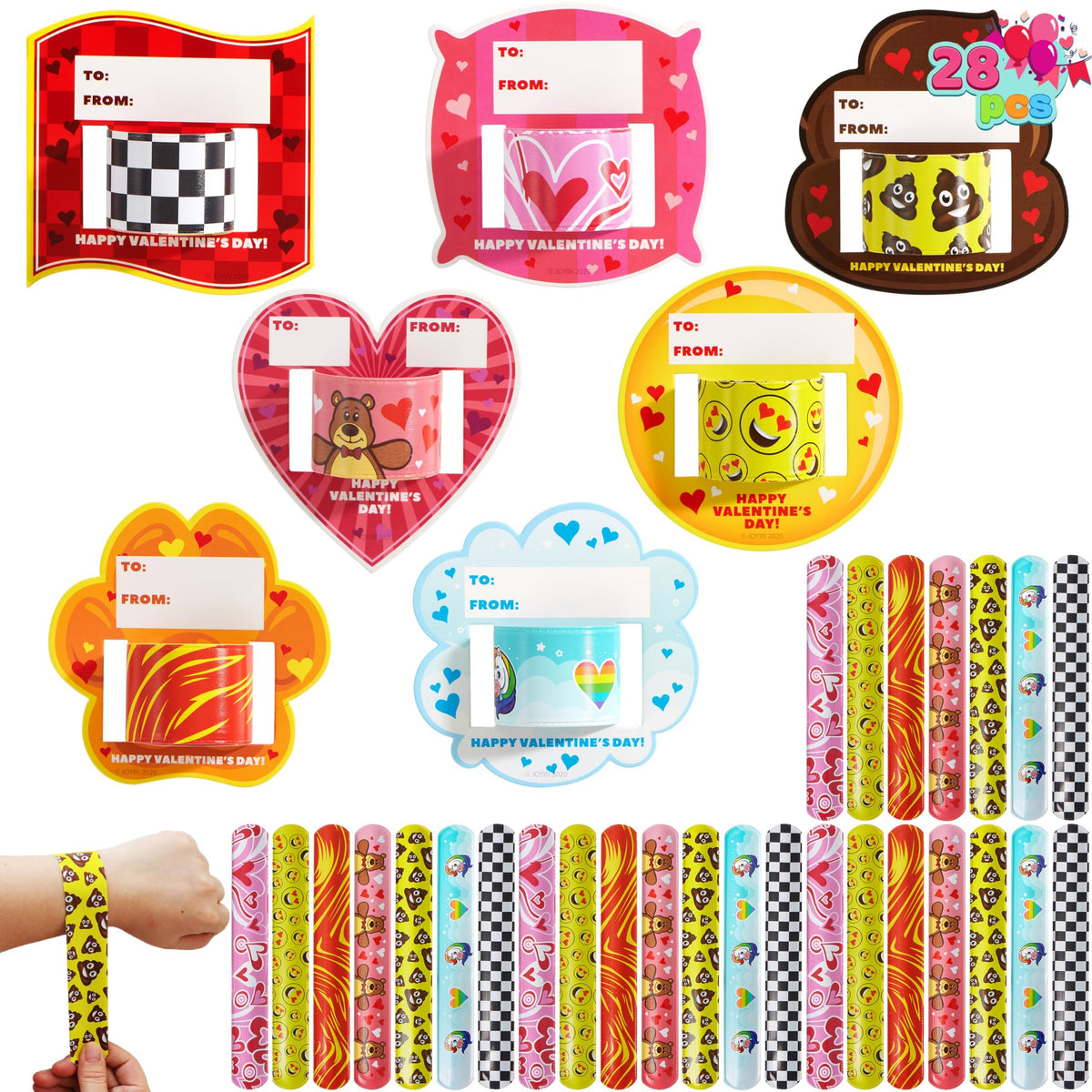 JOYIN 28 Packs Valentine's Day Slap Bracelet Set with Valentine Gift Cards for Classroom Exchange Prizes, Valentine Party Favors, ValentineÃ¢â‚¬â„¢s Greeting Cards