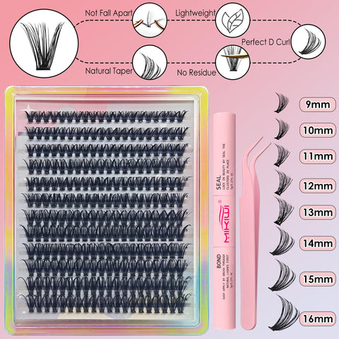 Lash Extension Kit Mikiwi 240pcs D Curl Mixed 9-16mm Individual Lash Clusters with Lash Bond and Seal and Lash Applicator Tool DIY Eyelash Extension Kit at Home(40D-0.07D-9-16MM)