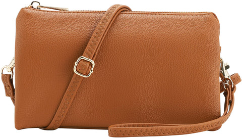 Vegan Leather Multi-Pocket Crossbody Purse/Clutch with Card Slots, Removable Wristlet Strap & Adjustable Shoulder Strap, Tan, S