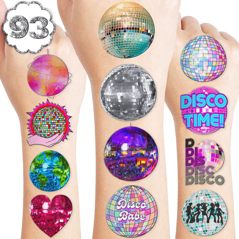 93 PCS Cute 70s 60s Mirror Disco Ball Temporary Tattoos Stickers Themed Birthday Party Decorations Supplies Favors Decor Throwback 1970s Dance Tattoo Sticker Gifts For Kids Girls Boys Prizes Carnival