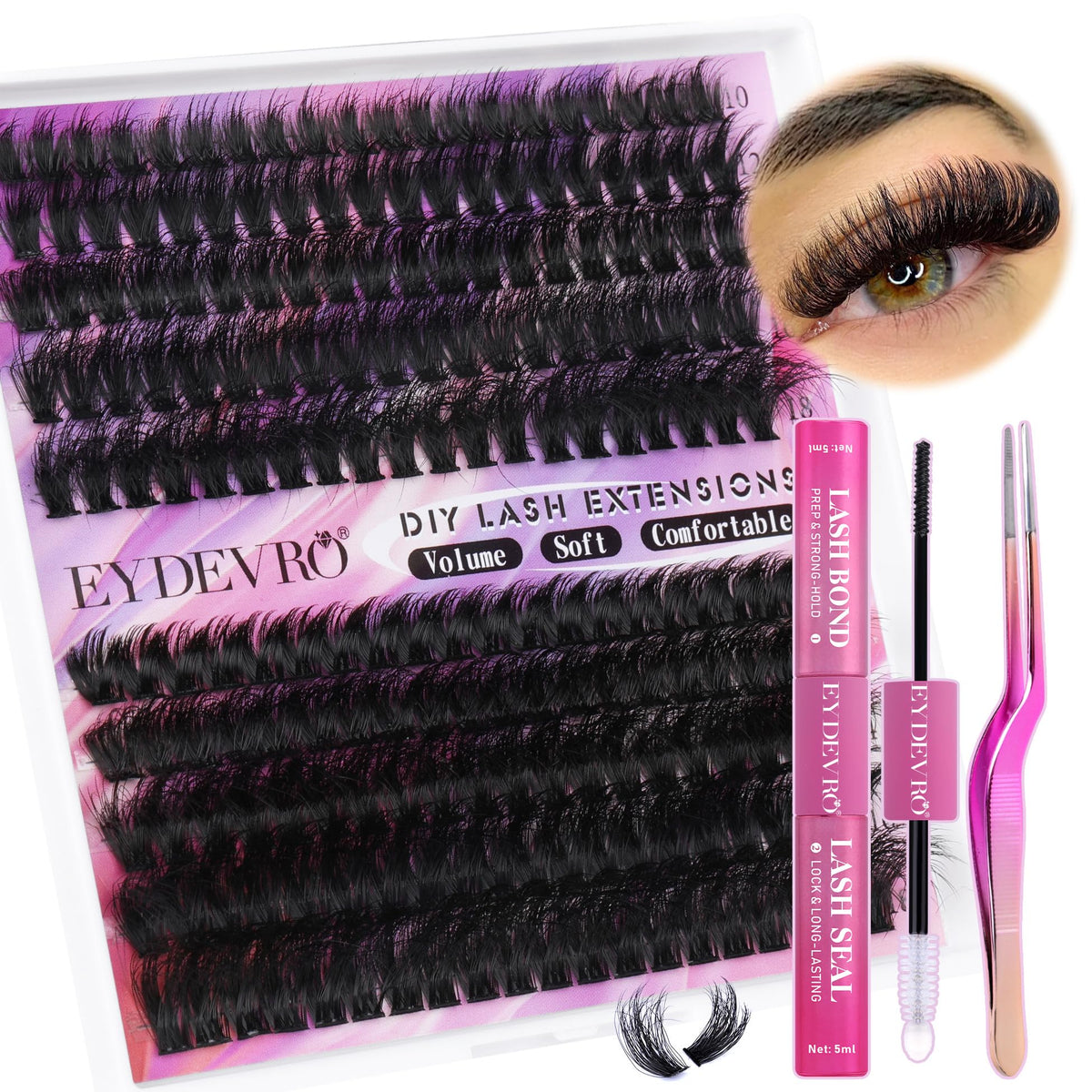 Eyelash Extension Kit Fluffy Lash Extension Kit D Curl Lash Clusters Kit Thick Volume Individual Lashes 200 Pcs DIY Lash Extension Kit with Lash Bond and Seal Lash Tweezers (60D80D,10-18mm) by EYDEVRO