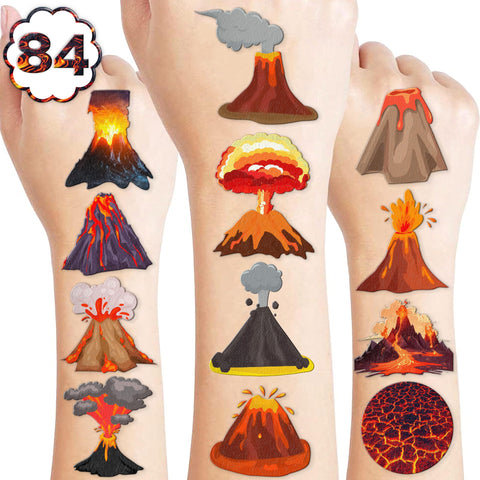 84PCS Volcano Temporary Tattoos Themed Fire Birthday Party Decorations Supplies Favors Decor Hot Lava Floor Hawaii Dinosaur Tattoo Stickers Gifts For Kids Boys Girls Adults School Prizes Carnival