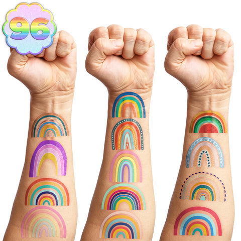 108 PCS 10 Sheet Pastel Rainbow Temporary Tattoos Sticker Boho Rainbow Birthday Party Decorations Favors Supplies Decor Gifts Boys Girls Baby Shower Cute Fake Tattoo School Reward Themed