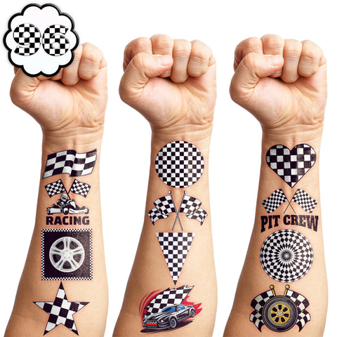 104 PCS Funny Race Car Checkered Flag Black and White Temporary Tattoos Sticker Birthday Party Decorations Supplies Favors Gifts Boys Girls Men Women Cute Racing Fake Tattoo School Prizes Carnival