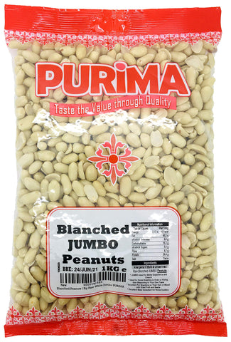 Blanched Peanuts 1Kg - Raw Whole JUMBO Nuts - 100% Natural Large Bag Blanch Edible Nut - Protein Keto Paleo - Unsalted Unroasted Skinless Shelled - for Making Peanut Butter & Roasting Non GMO PURIMA