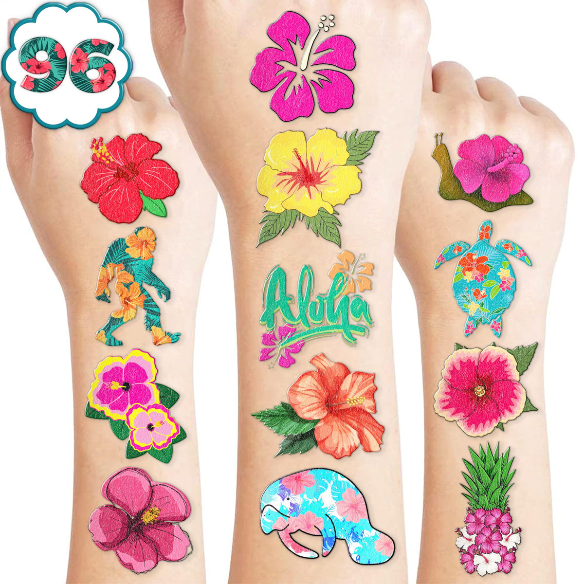 Hibiscus Temporary Tattoos 10 Sheets 100 PCS Flowers Party Decorations Favors Supplies Tropical Hibiscus Theme Birthday Cute Stickers Christmas Gifts for Boys Girls Class School Prizes Carnival