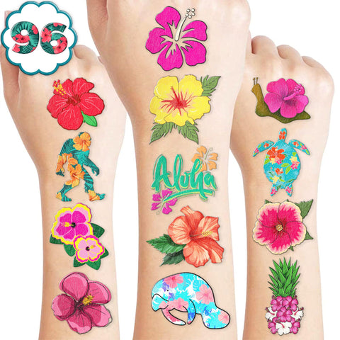 Hibiscus Temporary Tattoos 10 Sheets 100 PCS Flowers Party Decorations Favors Supplies Tropical Hibiscus Theme Birthday Cute Stickers Christmas Gifts for Boys Girls Class School Prizes Carnival