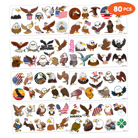 Eagle Temporary Tattoos 8 Sheets 80PCS Bald Eagles Party Decorations Supplies Favors American Flag Bird Theme Birthday Cute Stickers Christmas Gifts for Boys Girls Class School Prizes Carnival