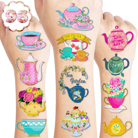 96 PCS Tea Party Time Temporary Tattoos Theme 1st Birthday Party Decorations Supplies Favors Decor Cute Floral Pink Teapot Teacup Tattoo Stickers Gifts For Kids Women Girls Boys School Prizes Carnival