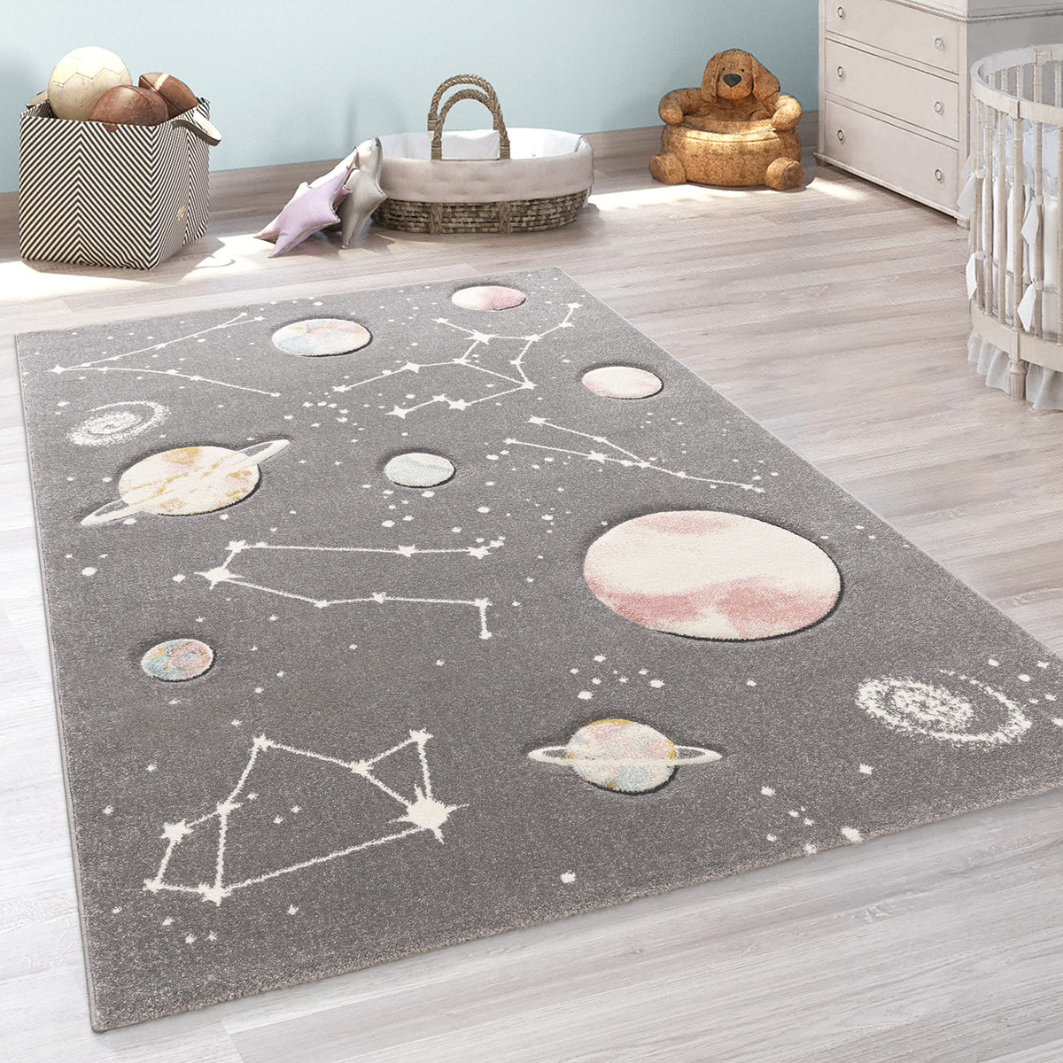 Paco Home Children's Rug, Play Rug With Planets And Stars, For Child's Room In Grey, Size:80x150 cm