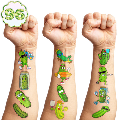 120 PCS Funny Pickle Temporary Tattoos Sticker Fruit Vegetable Cool Green Pickles Cucumber Birthday Party Decorations Supplies Favors Decor Gifts Boys Girls Cute Fake Tattoo School Reward Themed