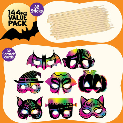 JOYIN 32 Pcs Halloween Mask Craft Kit for Kids, DIY Rainbow Scratch Art Masks for Halloween?Kids Magic Scratch Paper Animal Masks, Halloween Party Supplies