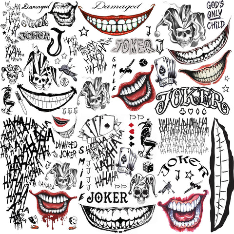 COKTAK 6 Sheets Joker Temporary Tattoos For Men Women Kids Halloween Makeup Kit Cosplay Costume, 3D Halloween Face Tattoos Prison Prisoner Inmate Gothic Rapper, Fake Clown Joker Tattoos Stickers