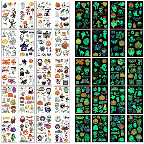 Konsait 20 Sheets Halloween Tattoos for Kids - Halloween Temporary Glow in the Dark Tattoos for kids, Halloween Party Favors Glow Tattoos Stickers for Kids, Halloween Glow in the Dark Party Supplies