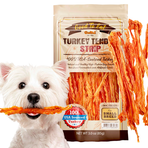 Gootoe Turkey Tendon Dog Treats - 100% USA-Sourced, Natural Snack, Premium Training Chews, Hypoallergenic, Reseal Value Bags, Sizes for Small Medium & Large Dogs, Strip (Small) 3oz/Pack