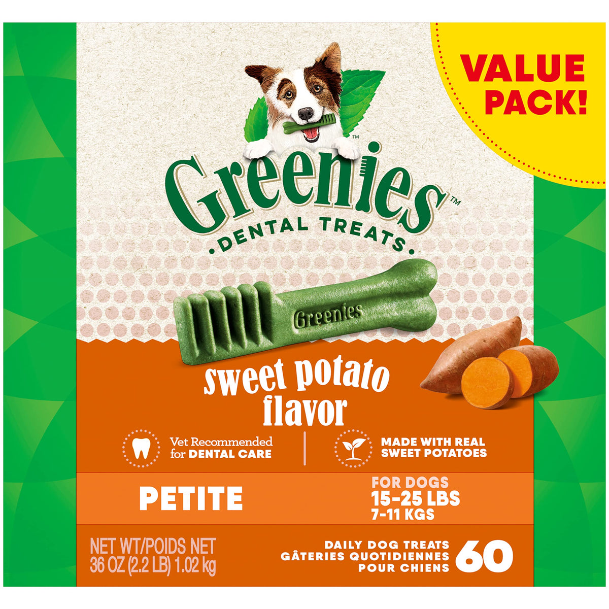 Greenies Petite Natural Dog Dental Treats, Sweet Potato Flavor, 36 oz. Pack (60 Treats)