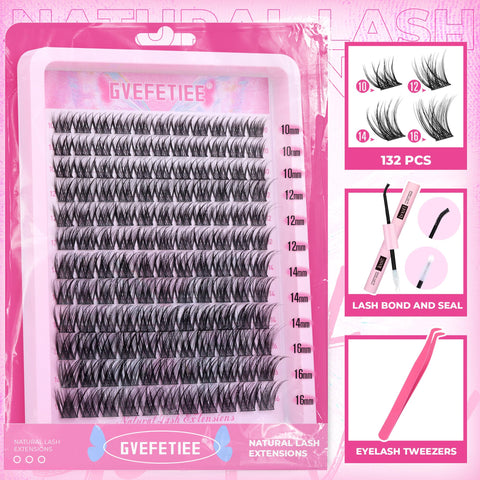 Natural Lash Clusters Kit Wispy Cluster Eyelash Extensions Kit C Curl Lash Extensions Kit Individual Lashes Kit with Lash Bond and Seal Tweezers DIY at Home by GVEFETIEE (C Curl, 10-16mm)