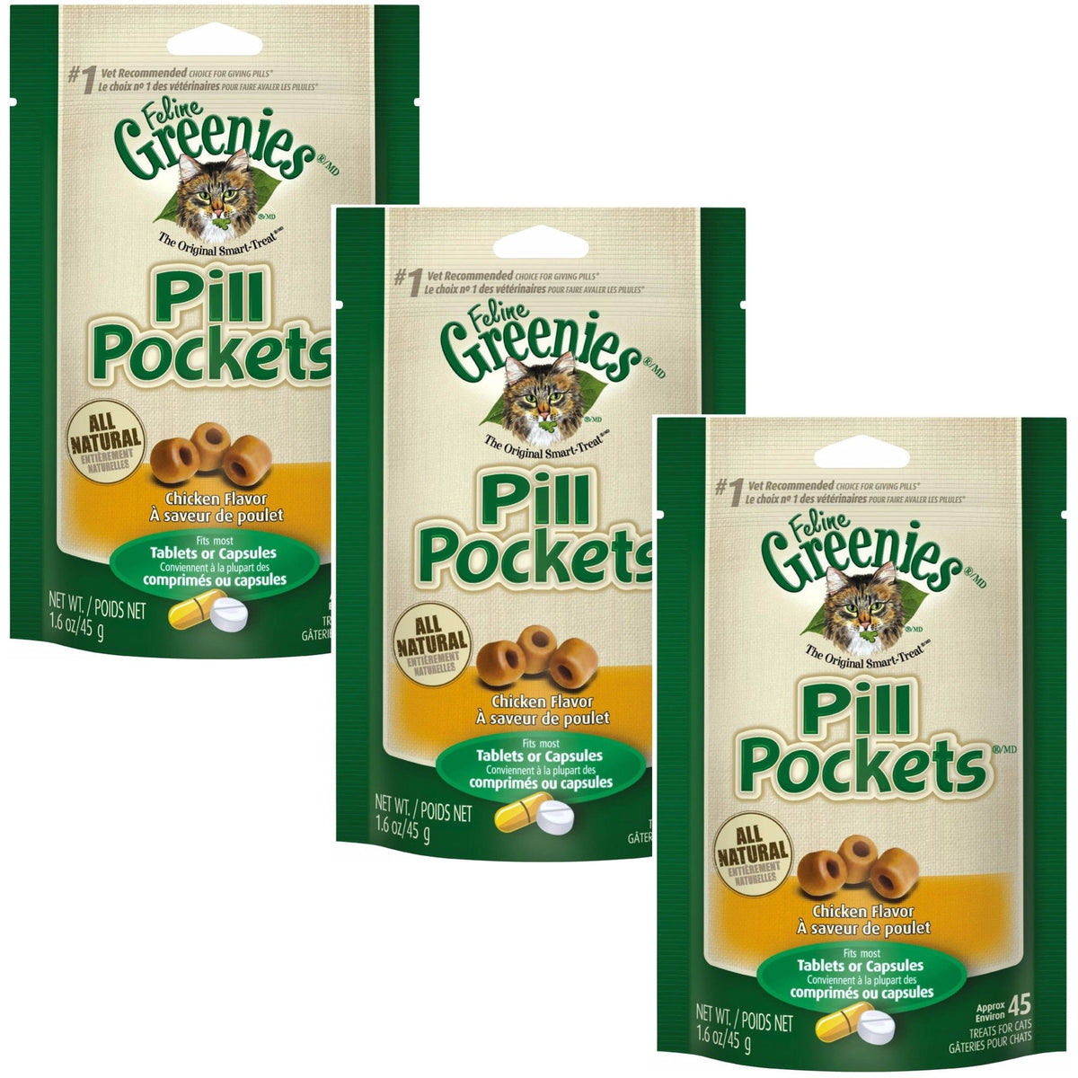 Feline Greenies Pill Pockets Chicken 45 count 1.6 oz 3 PACK For Cat Medicine