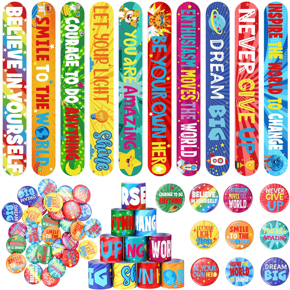 Frienda Inspirational Gift Set Motivational Slap Bracelets with Button Pins Encourage Bracelet for Students School Rewards Gifts(60 Pcs)