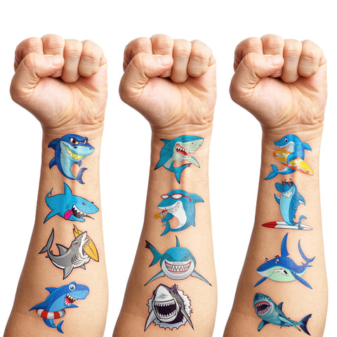 Cute Shark Temporary Tattoos Stickers Theme Blue Ocean Birthday Party Decorations Favors Supplies Decor 96PCS Cool Funny Under Sea Fish Animals Tattoo Gifts For Kids Boys Girls School Prizes Carnival