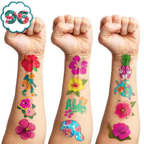 Hibiscus Temporary Tattoos 10 Sheets 100 PCS Flowers Party Decorations Favors Supplies Tropical Hibiscus Theme Birthday Cute Stickers Christmas Gifts for Boys Girls Class School Prizes Carnival