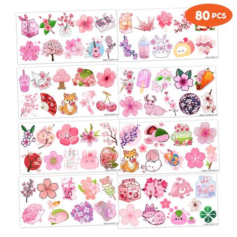 Cherry Blossom Temporary Tattoos (8 Sheets 80PCS) Flowers Party Decorations Supplies Favors Japanese Theme Birthday Cute Stickers Christmas Gifts for Boys Girls Class School Prizes Carnival