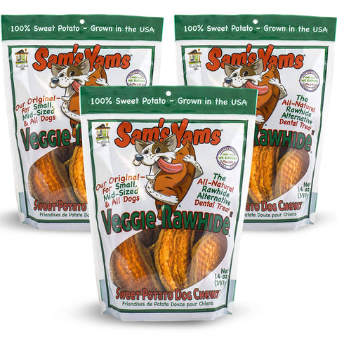 Sam's Yams Sweet Potato Dog Treats, Healthy Dog Treats for Small, Medium, and Large Breed Dogs - Made in USA, High Fiber, Vegan Dental Chews - Veggie Rawhide, Sweet Potato Dog Chewz, 14oz(Pack of 3)