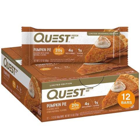 Quest Nutrition Pumpkin Pie Protein Bar, 20g Protein, 4g Net Carb, 1g Sugar, Gluten Free, 12 Count