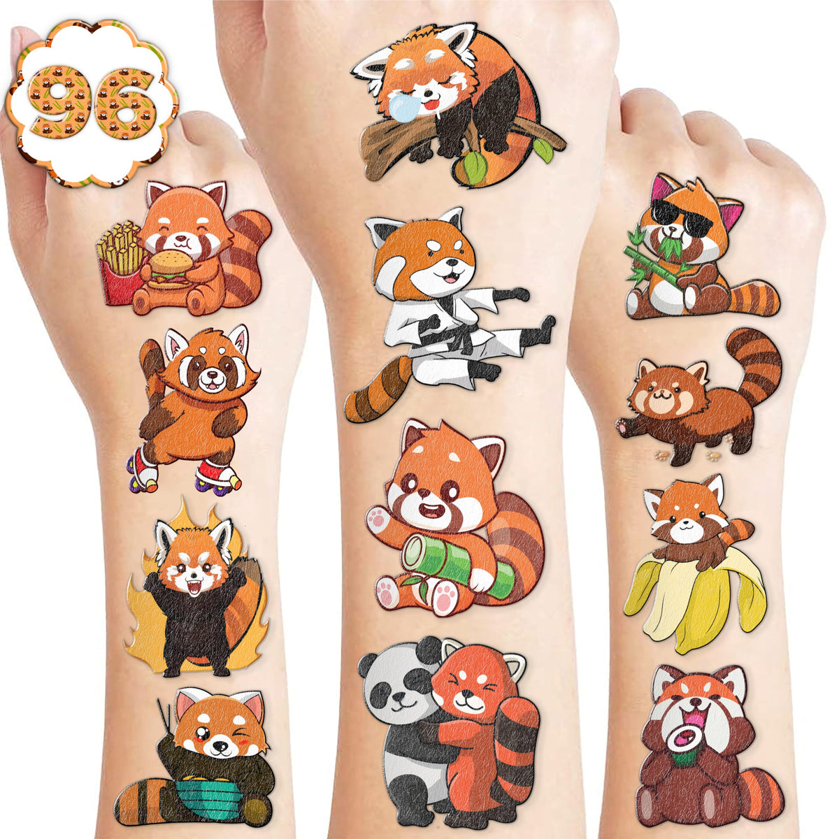 100PCS Red Panda Temporary Tattoos Birthday Party Decorations Favors Supplies Decor Cute Funny Forest Woodland Zoo Jungle Safari Animal Tattoo Stickers Gifts For Kids Boys Girls School Prizes Carnival