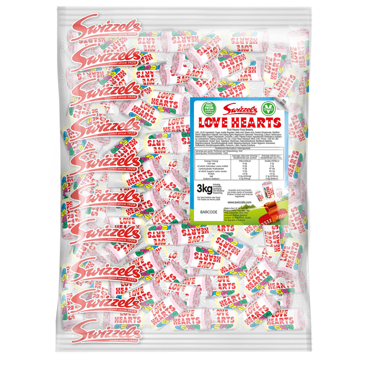 Swizzels Love Hearts Mini Rolls, Vegan Friendly Sweets- 3kg Bulk Bag