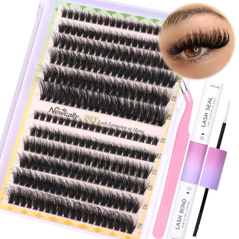 Fluffy Lash Extensions Kit 240 Pcs Wispy Cluster Lashes 10-20MM Individual Eyelashes Cluster Eyelash Extensions with Lash Glue Bond and Seal Tweezers (70D+80D) by Newcally