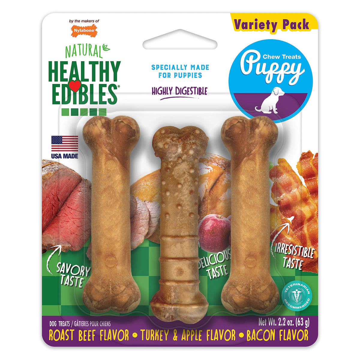 Nylabone Healthy Edibles Natural Puppy Treats Variety Pack - Puppy Supplies - Roast Beef, Bacon, Turkey & Apple Flavors, X-Small/Petite (3 Count)