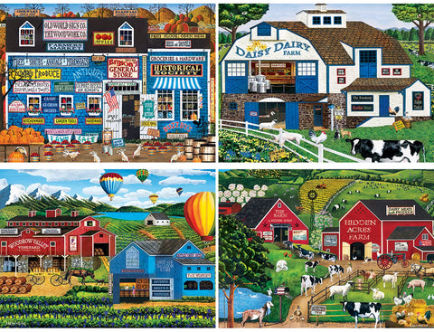 MasterPieces 2000 Piece Jigsaw Puzzle for Adults, Family, Or Youth - Fun Folk Art Am Poulin 4-Pack - 14"x19"