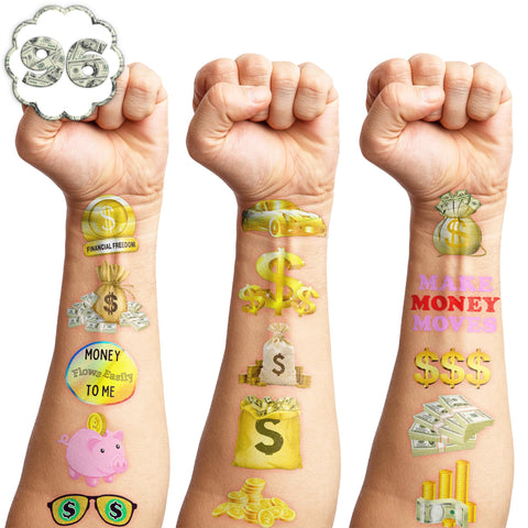 96PCS Fun Tattoo Temporary Tattoos Money Jar Symbol Stickers Theme Birthday Party Decorations Favors Decor Supplies Cute Quote Sticker Gifts for Adults Kids Girls Boys School Prizes Carnival Halloween