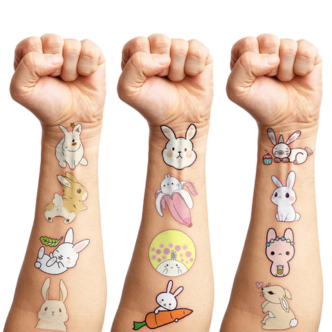 Bunny Temporary Tattoos 8 Sheets 85PCS Rabbit Bunny Party Decorations Favors Supplies Easter Bunny Theme Birthday Cute Tattoo Stickers Christmas Gifts for Boys Girls Kids Class School Prizes Carnival