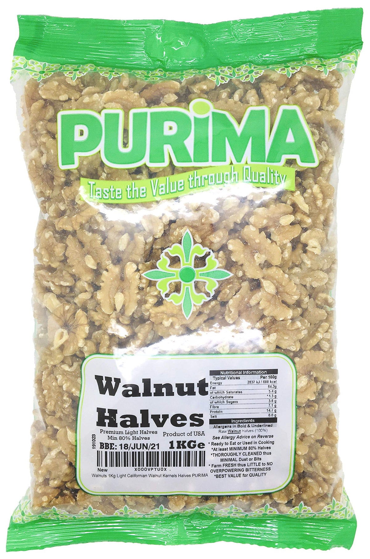 Walnuts 1kg - Halves Whole Raw Prime Light Natural Walnut Halfs Kernels - No Shell Large Bulk Bag for Human Consumption - Wal nut (Packaging May Vary) PURIMA