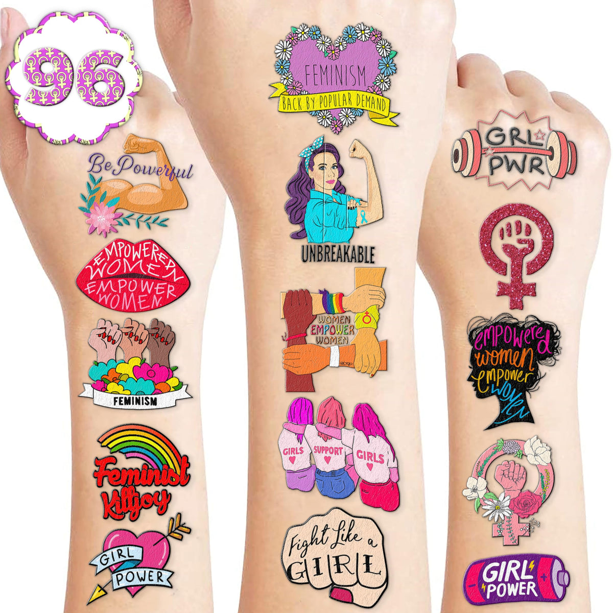 96PCS Funny Girly Feminist Temporary Tattoos Stickers Birthday Party Decorations Supplies Favors Decor Women Power Rights Gender Equality Tattoo Gifts For Adults Kids Girls Boys School Prizes Carnival