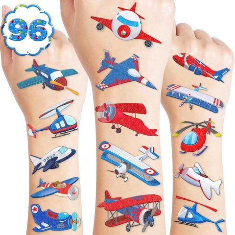 100PCS Airplane Temporary Tattoos Stickers Plane Travel Themed Birthday Party Decorations Favors Supplies Cool Jet Helicopter Aircraft Tattoo Sticker Gifts For Kids Boys Girls School Prizes Carnival