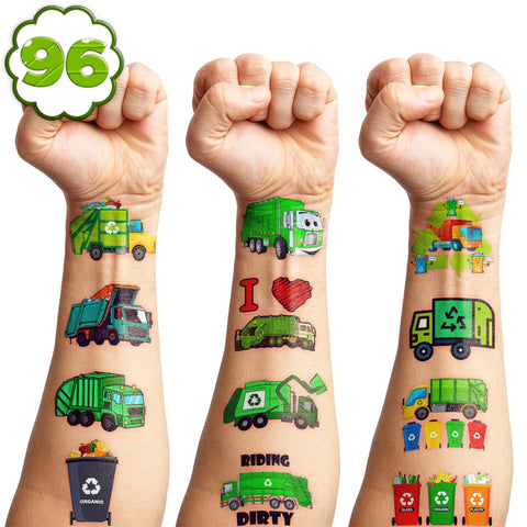 111 PCS Garbage Truck Trash Temporary Tattoos Themed Birthday Party Supplies Decorations Favors Decor Cute Waste Management Recycling Tattoo Stickers Gifts For Boys Girls Class Prizes Carnival