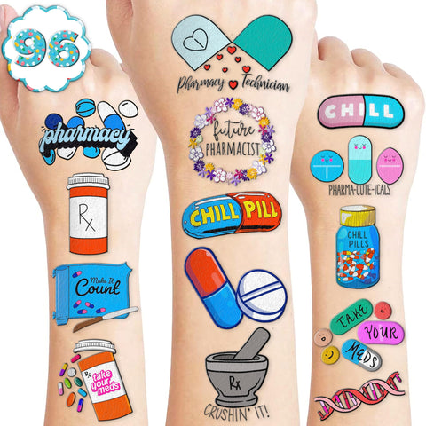 96PCS Funny Future Pharmacist Pharmacy Stickers Temporary Tattoos Happy Birthday Party Decorations Supplies Favors Decor Doctor Nurse Tattoo Gifts For Graduation Kids Adults Boys Girls Prizes Carnival