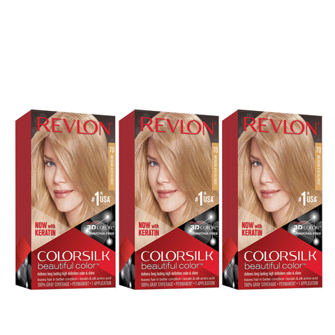 Revlon Permanent Hair Color, Permanent Hair Dye, Colorsilk with 100% Gray Coverage, Ammonia-Free, Keratin and Amino Acids, 70 Medium Ash Blonde, 4.4 Oz (Pack of 3)