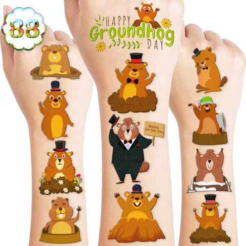 88PCS Happy Groundhog Day Temporary Tattoos Themed Birthday Party Decorations Favors Supplies Decor Cute Spring Festival Animals Tattoo Stickers Gifts For Kids Adults Boys Girls School Prizes Holidays