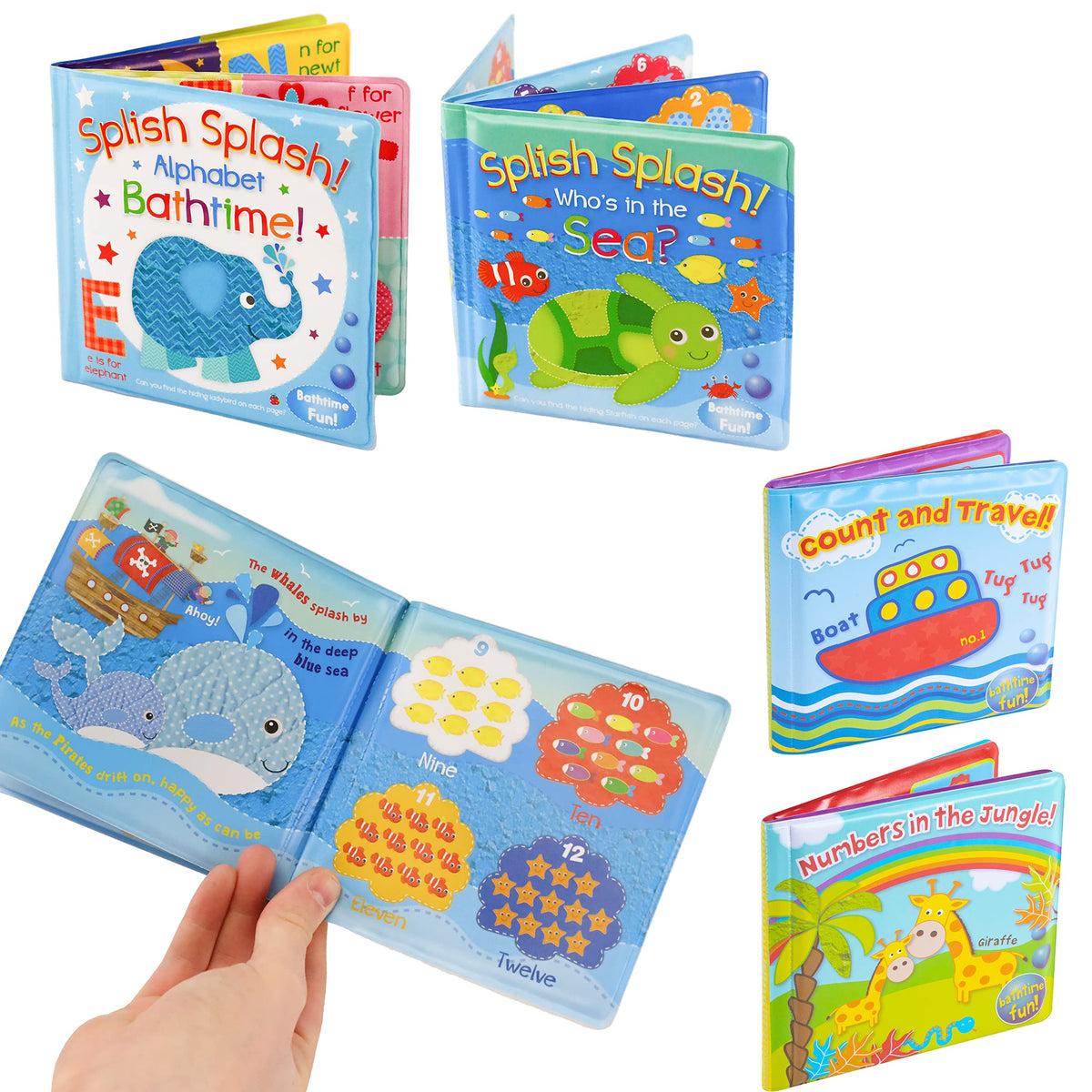 Set of 4 Vibrant Educational Baby Bath Books, Detailed and Waterproof, First Words ABC Letters & Numbers, Plastic Coated & Padded, Floating Fun Bathtime Learning Toys for Toddlers and Kids