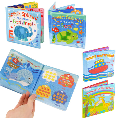 Set of 4 Vibrant Educational Baby Bath Books, Detailed and Waterproof, First Words ABC Letters & Numbers, Plastic Coated & Padded, Floating Fun Bathtime Learning Toys for Toddlers and Kids