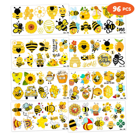 96PCS Happy Bee Day One Temporary Tattoos Honey Bees First Theme Birthday Party Decorations Favors Supplies Decor Cute Bumble Tattoo Stickers Gifts for Boys Girls Kids School Prizes Carnival Christmas